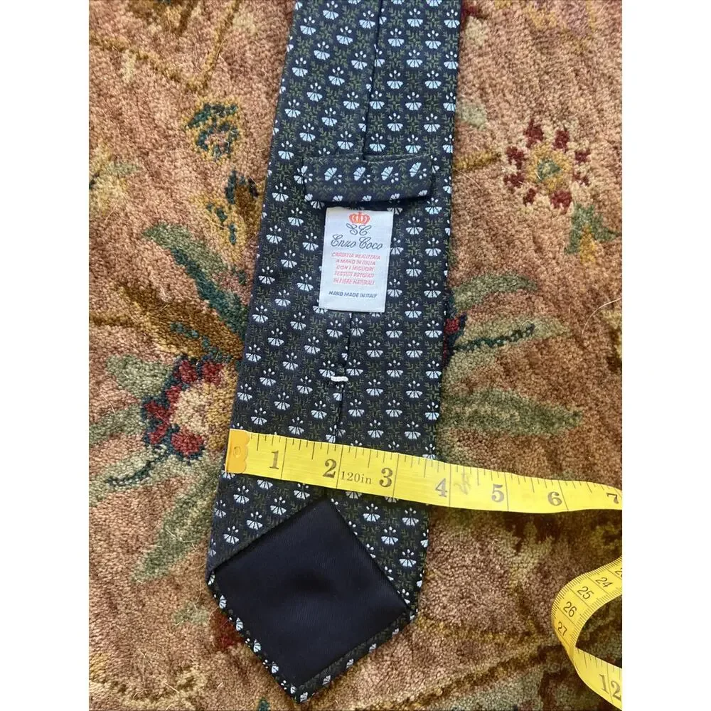 Italian Enzo Coco Silk Tie Handmade in Italy Green Navy silver floral Geometric
